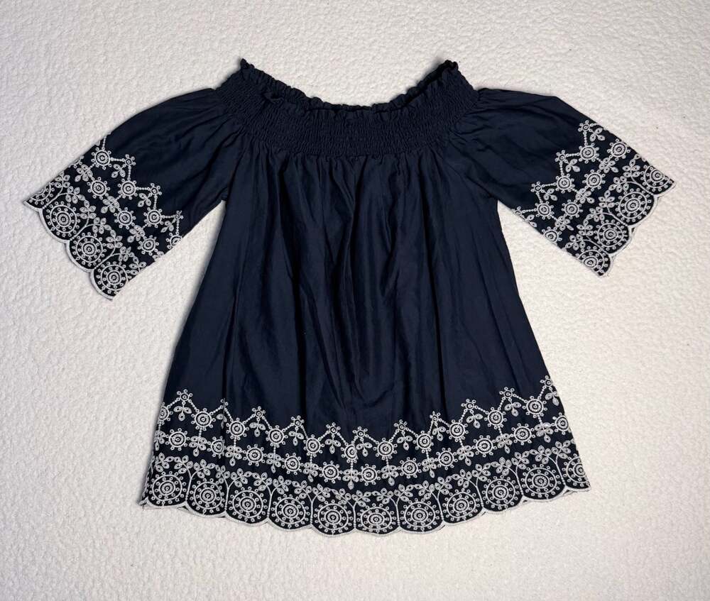 Abercrombie & Fitch Navy Blue Off-The-Shoulder Embroidered Peasant Blouse
